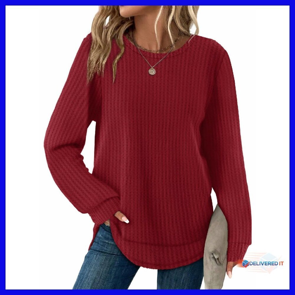 Waffle Knit Tunic Top Long Sleeve Crewneck Curved Hem Loose Fit